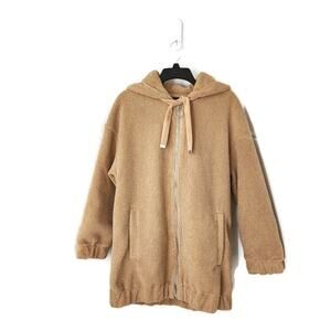 Streetwear Society Women's Plush Full Zip Tan Oversize Drawstring Hoodie Small